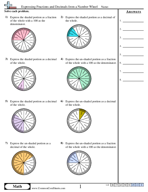 Expressing Fractions and Decimals from a Number Wheel worksheet